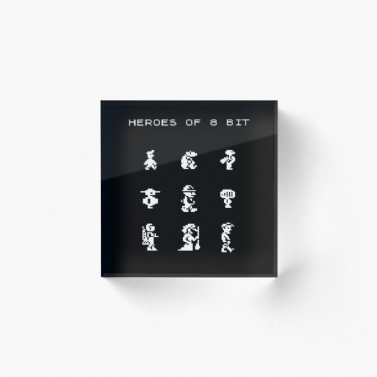 Heroes of 8bit black and white acrylic block