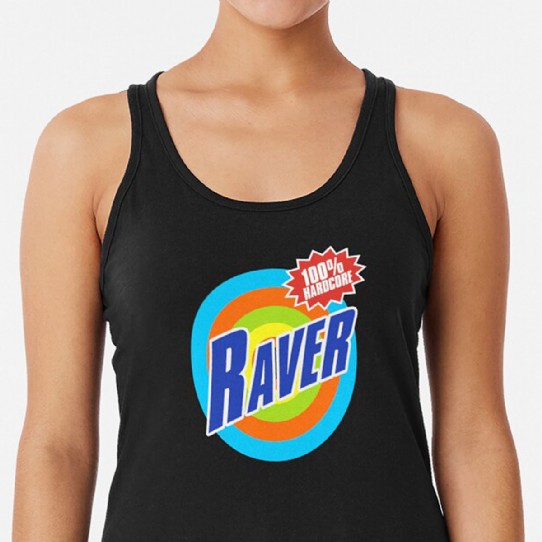100% Hardcore Raver - Blue Raver on multicolour bullseye Racerback Tank Top